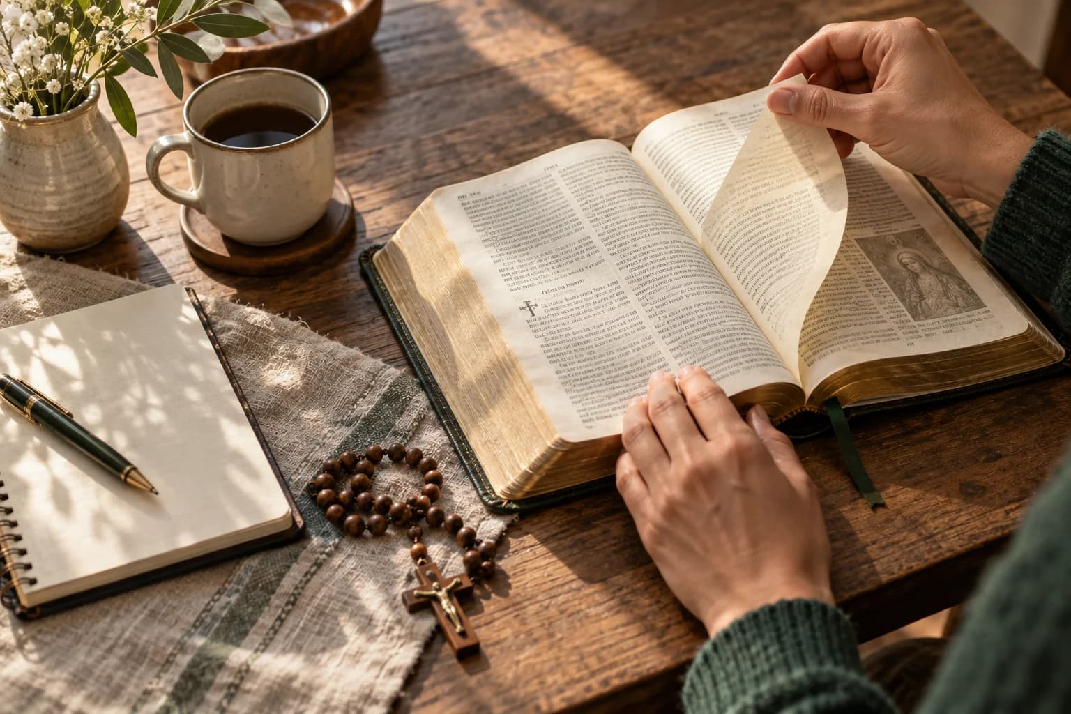 Mãos folheando a Bíblia em uma mesa de estudo com caderno e terço